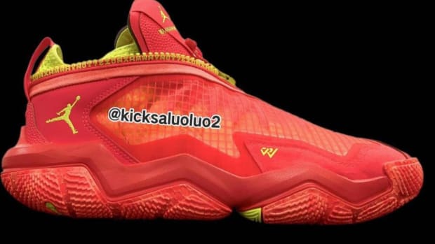 Red and yellow Jordan shoe.